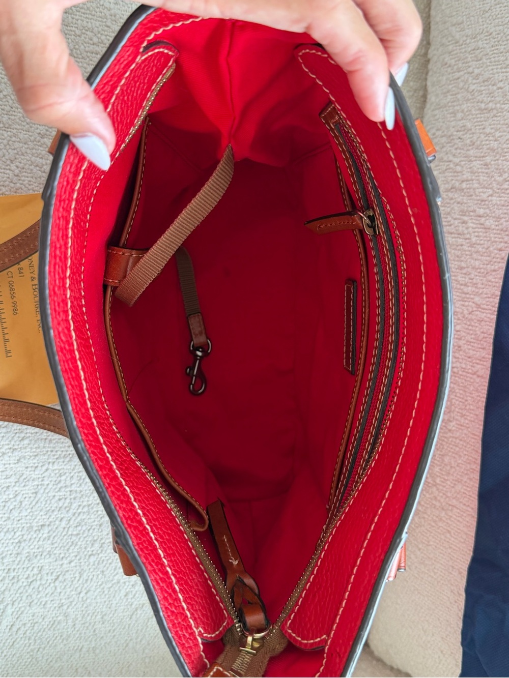 Dooley & Bourke Red Pebbled Leather Shoulder Tote with Brown Trim - Picture 7 of 16